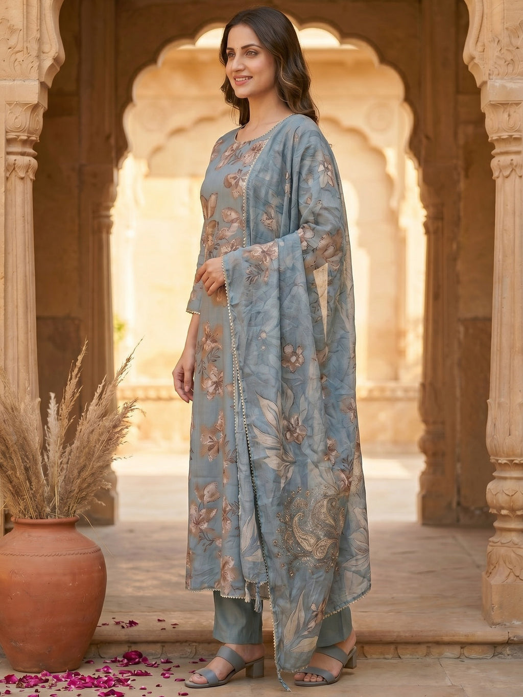 Dusty Blue Floral Printed Viscose Salwar Suit with Dupatta Festive Ethnic Wear