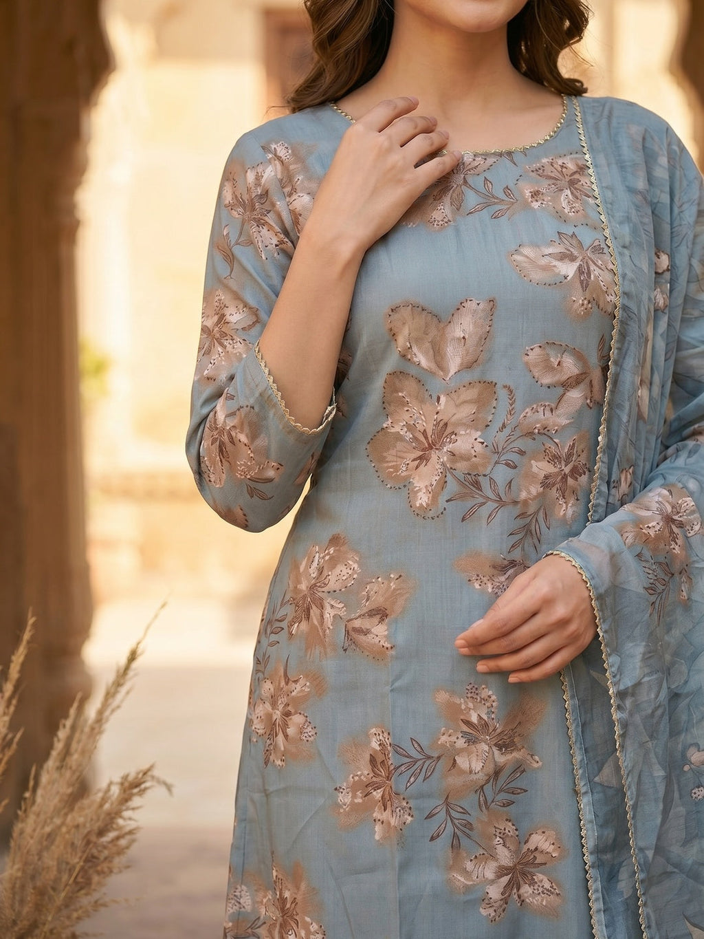 Dusty Blue Floral Printed Viscose Salwar Suit with Dupatta Festive Ethnic Wear