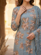 Dusty Blue Floral Printed Viscose Salwar Suit with Dupatta Festive Ethnic Wear
