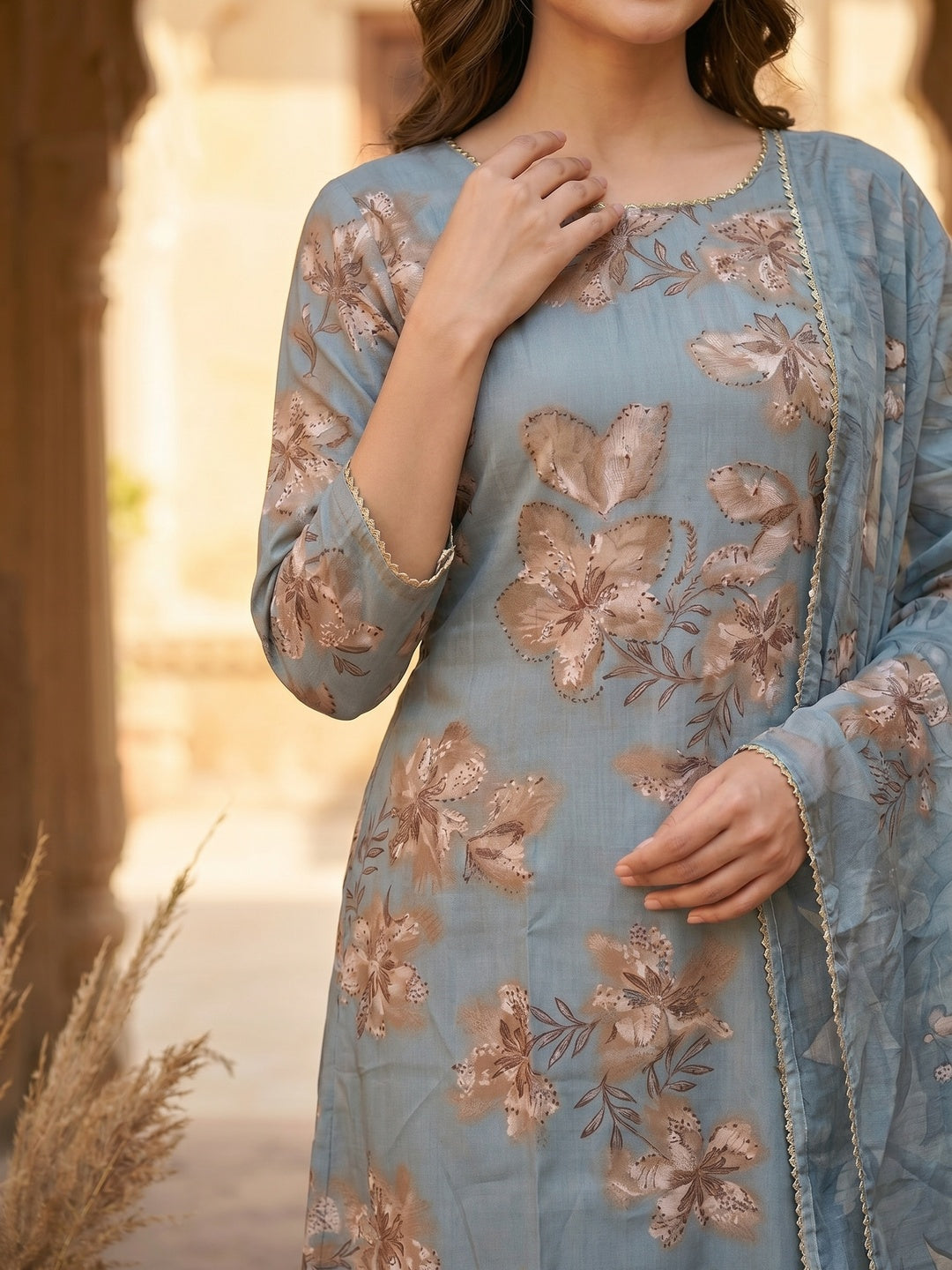 Dusty Blue Floral Printed Viscose Salwar Suit with Dupatta Festive Ethnic Wear