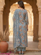 Dusty Blue Floral Printed Viscose Salwar Suit with Dupatta Festive Ethnic Wear