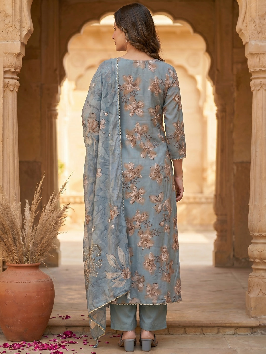 Dusty Blue Floral Printed Viscose Salwar Suit with Dupatta Festive Ethnic Wear