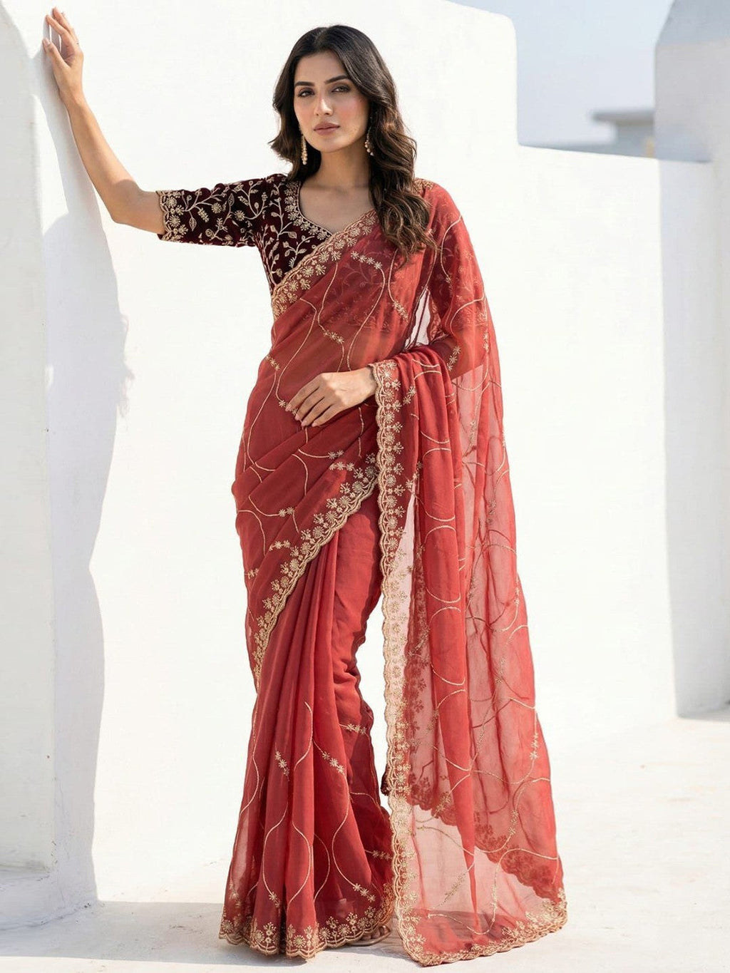 Sophisticated Coral Red Georgette Saree Showcasing Sequins & Golden Thread Embroidery