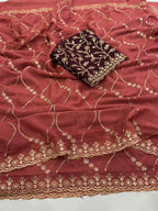 Sophisticated Coral Red Georgette Saree Showcasing Sequins & Golden Thread Embroidery