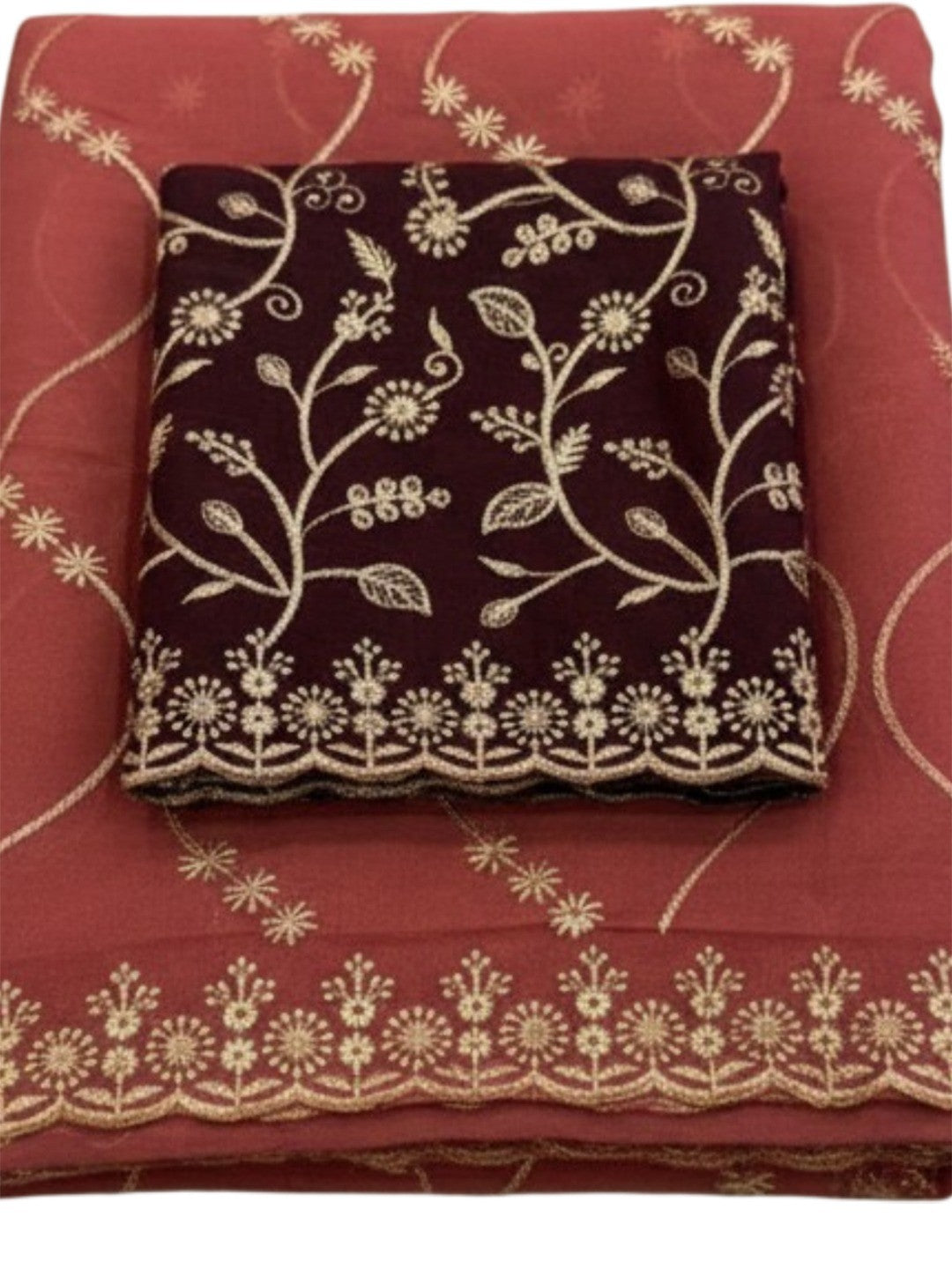 Sophisticated Coral Red Georgette Saree Showcasing Sequins & Golden Thread Embroidery