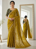 Sophisticated Dark Mustard Georgette Saree Showcasing Sequins & Golden Thread Embroidery