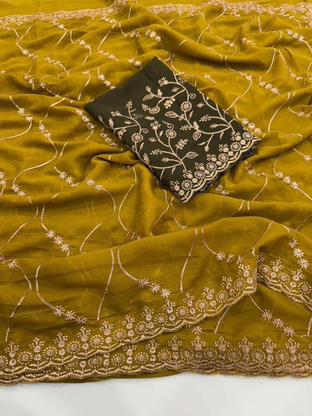 Sophisticated Dark Mustard Georgette Saree Showcasing Sequins & Golden Thread Embroidery