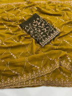 Sophisticated Dark Mustard Georgette Saree Showcasing Sequins & Golden Thread Embroidery