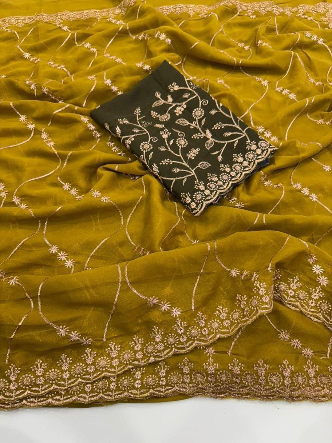 Sophisticated Dark Mustard Georgette Saree Showcasing Sequins & Golden Thread Embroidery