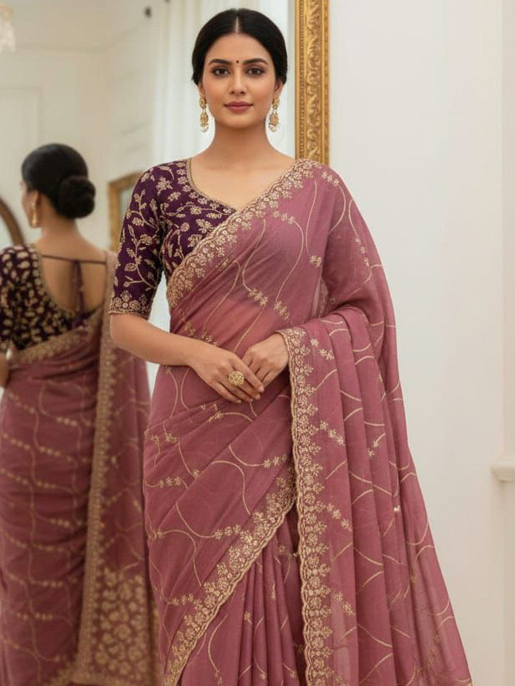 Sophisticated Wine Georgette Saree Showcasing Sequins & Golden Thread Embroidery