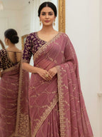 Sophisticated Wine Georgette Saree Showcasing Sequins & Golden Thread Embroidery