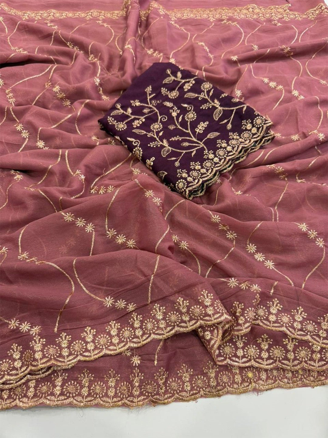 Sophisticated Wine Georgette Saree Showcasing Sequins & Golden Thread Embroidery