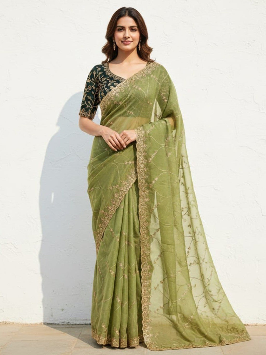 Sophisticated Green Georgette Saree Showcasing Sequins & Golden Thread Embroidery