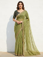 Sophisticated Green Georgette Saree Showcasing Sequins & Golden Thread Embroidery