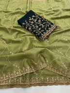 Sophisticated Green Georgette Saree Showcasing Sequins & Golden Thread Embroidery