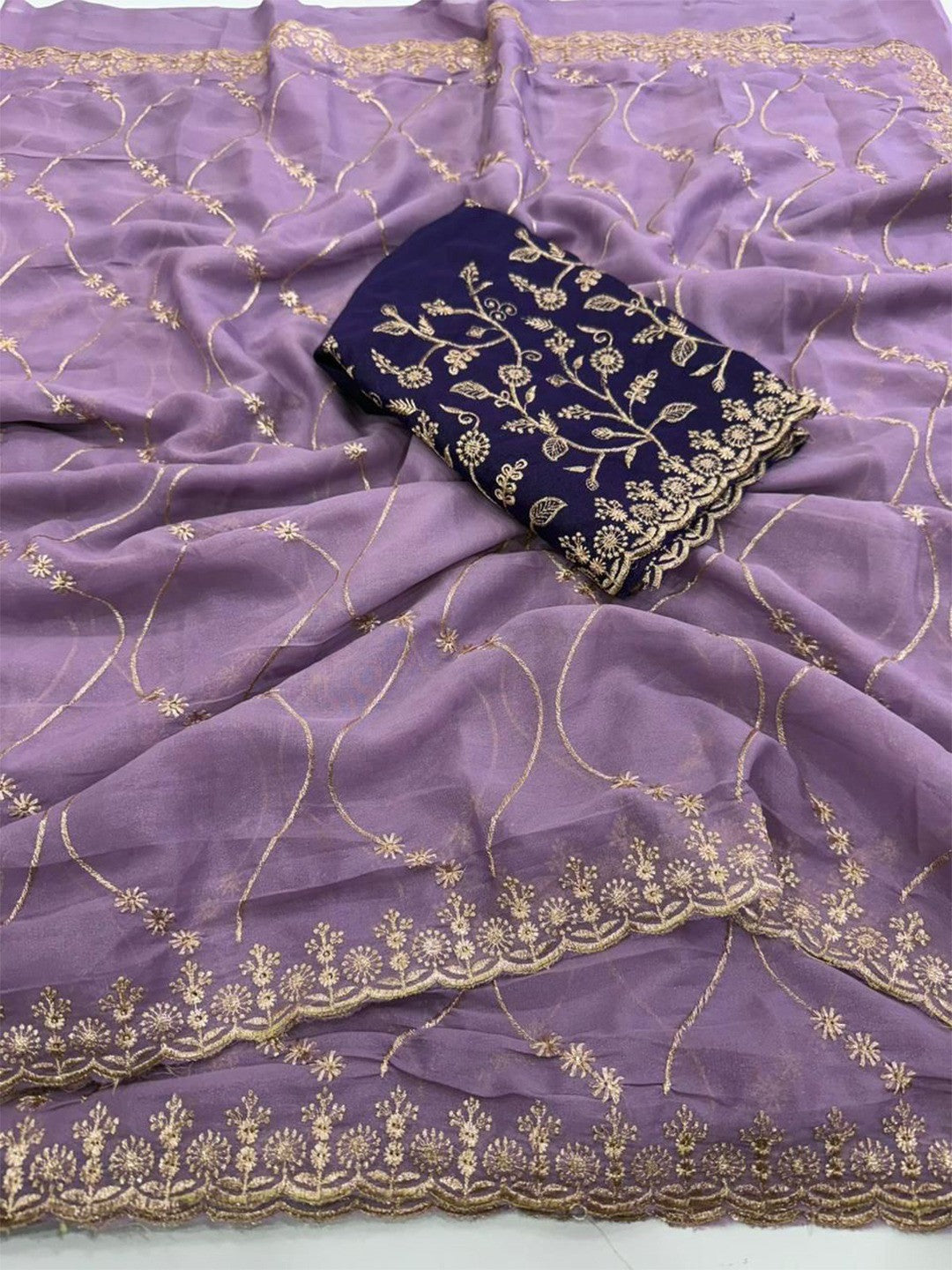 Sophisticated Lavender Georgette Saree Showcasing Sequins & Golden Thread Embroidery