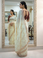 Sophisticated Offwhite Georgette Saree Showcasing Sequins & Golden Thread Embroidery