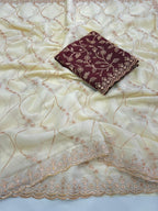 Sophisticated Offwhite Georgette Saree Showcasing Sequins & Golden Thread Embroidery