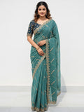 Sophisticated Teal Georgette Saree Showcasing Sequins & Golden Thread Embroidery