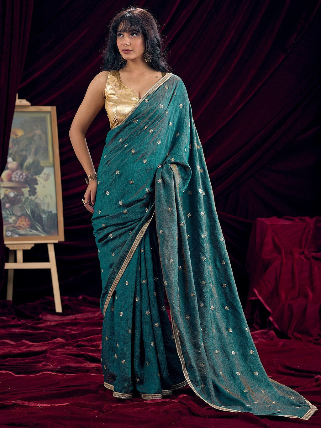 Graceful Teal Art Silk Saree Featuring Floral Sequins Embroidery & Lace Border