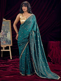 Graceful Teal Art Silk Saree Featuring Floral Sequins Embroidery & Lace Border