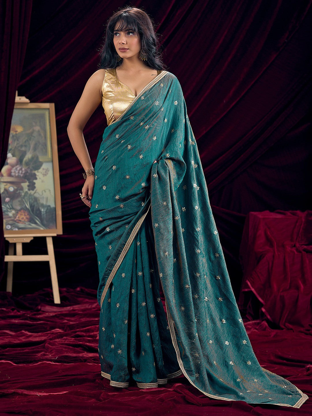 Graceful Teal Art Silk Saree Featuring Floral Sequins Embroidery & Lace Border
