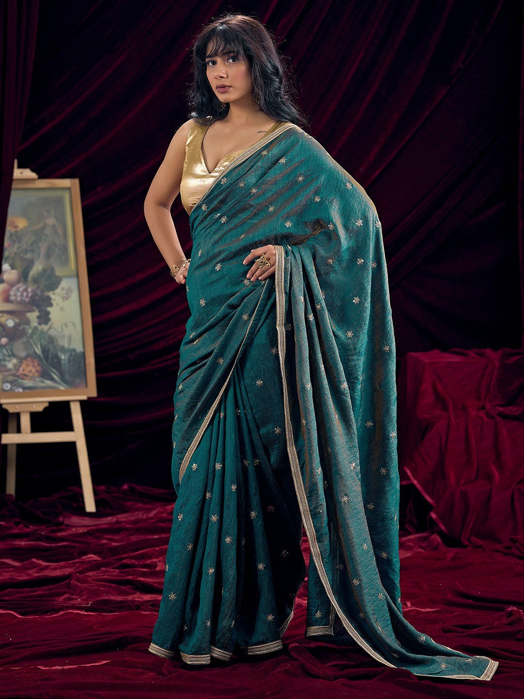 Graceful Teal Art Silk Saree Featuring Floral Sequins Embroidery & Lace Border