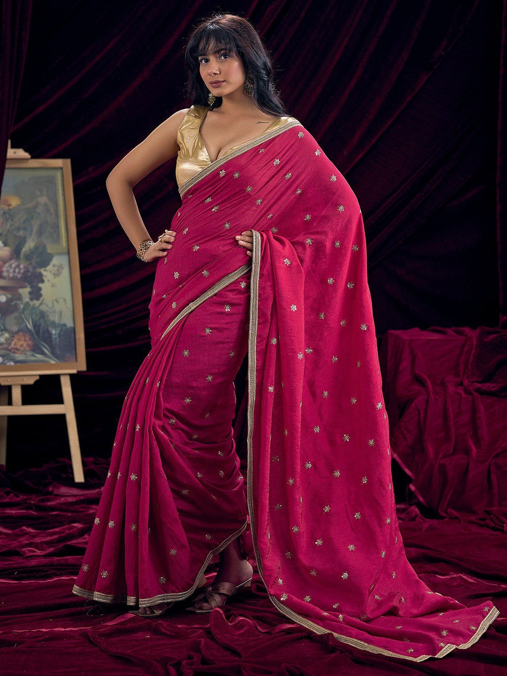 Graceful Pink Art Silk Saree Featuring Floral Sequins Embroidery & Lace Border