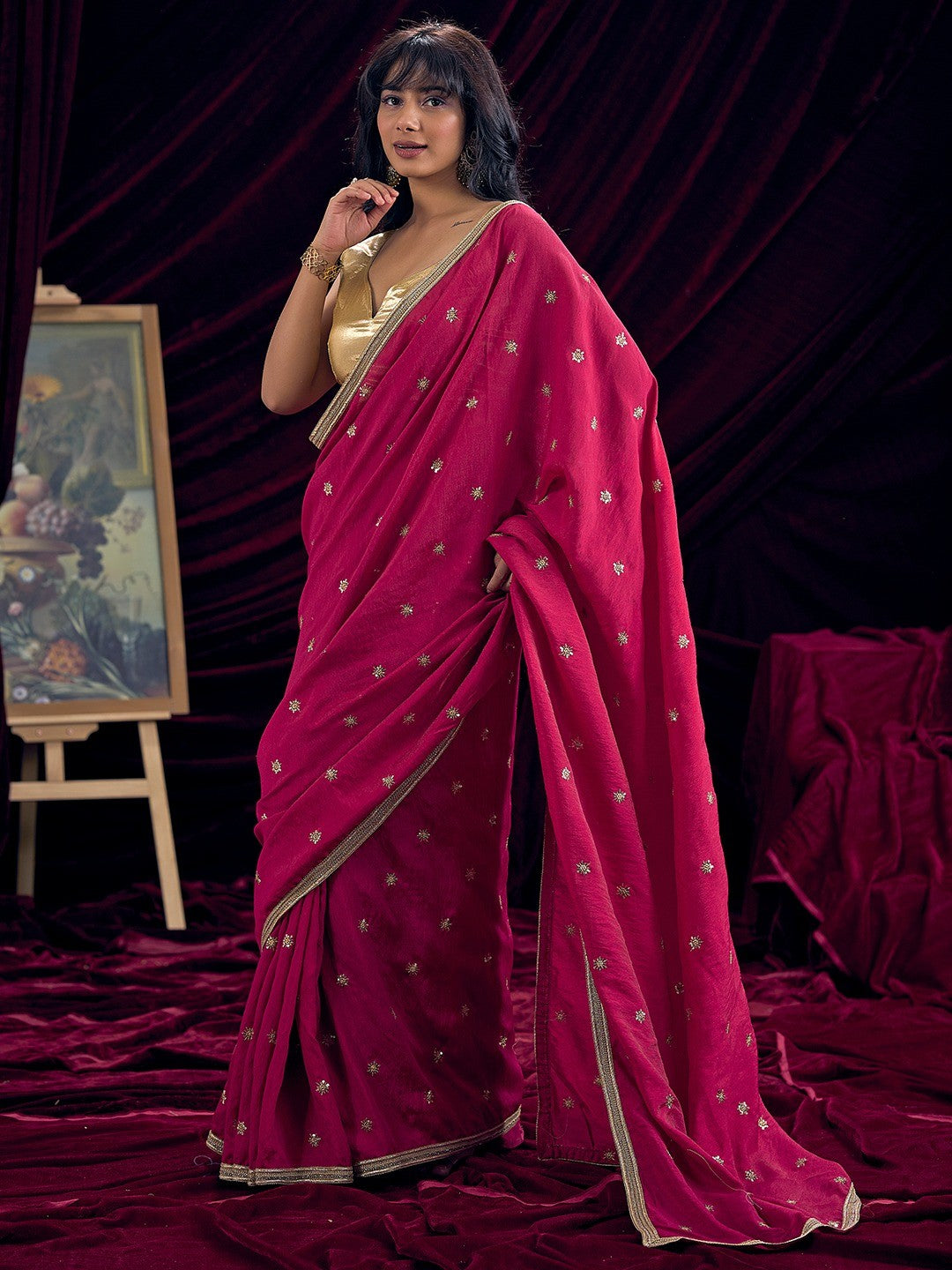 Graceful Pink Art Silk Saree Featuring Floral Sequins Embroidery & Lace Border