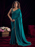 Stylish Teal Solid Art Silk Saree Featuring Lace Border With Embroidered Unstitched Blouse Piece