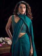 Stylish Teal Solid Art Silk Saree Featuring Lace Border With Embroidered Unstitched Blouse Piece