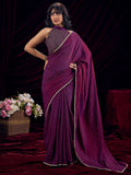 Stylish Wine Solid Art Silk Saree Featuring Lace Border With Embroidered Unstitched Blouse Piece