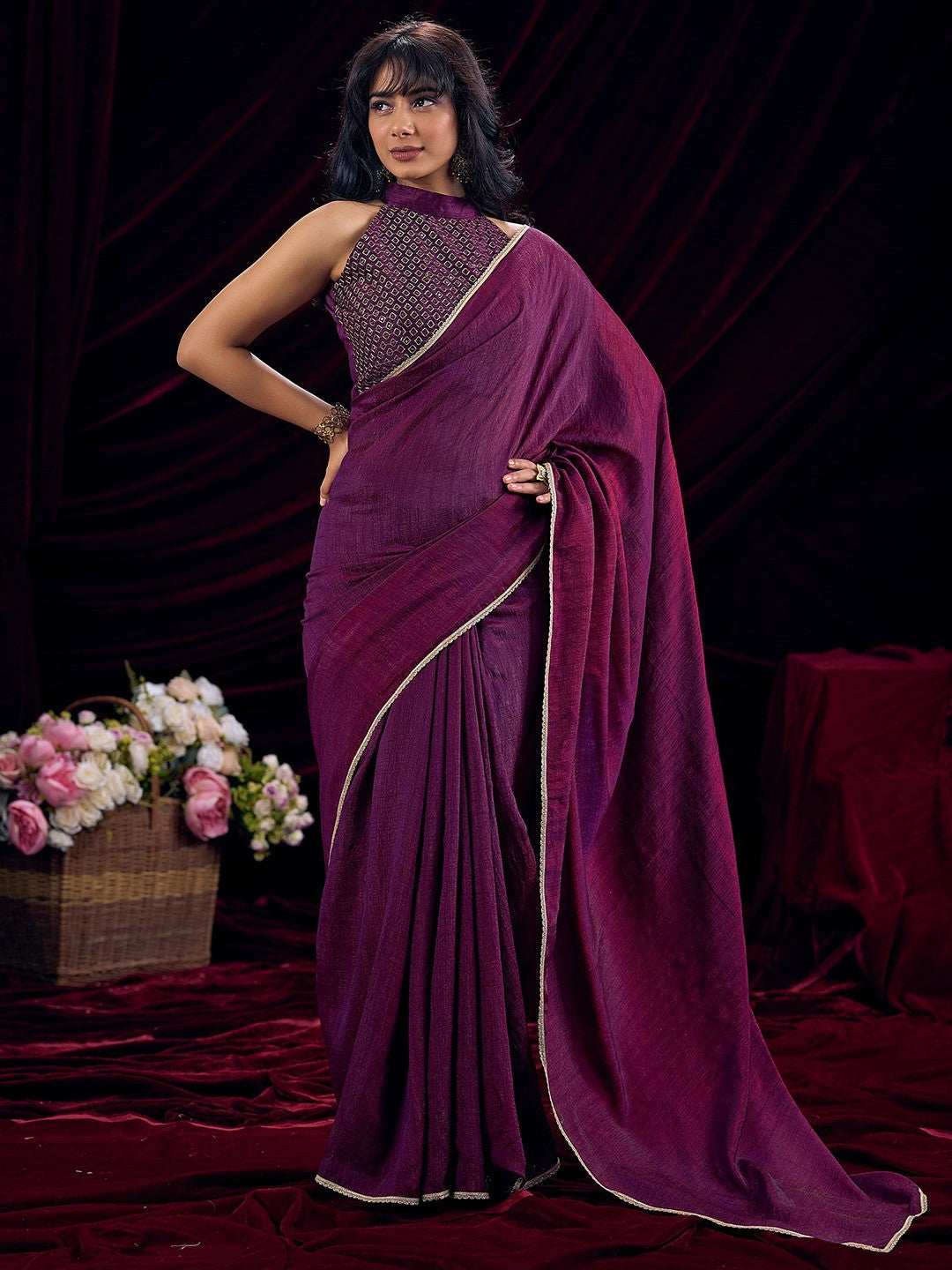 Stylish Wine Solid Art Silk Saree Featuring Lace Border With Embroidered Unstitched Blouse Piece