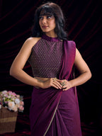 Stylish Wine Solid Art Silk Saree Featuring Lace Border With Embroidered Unstitched Blouse Piece