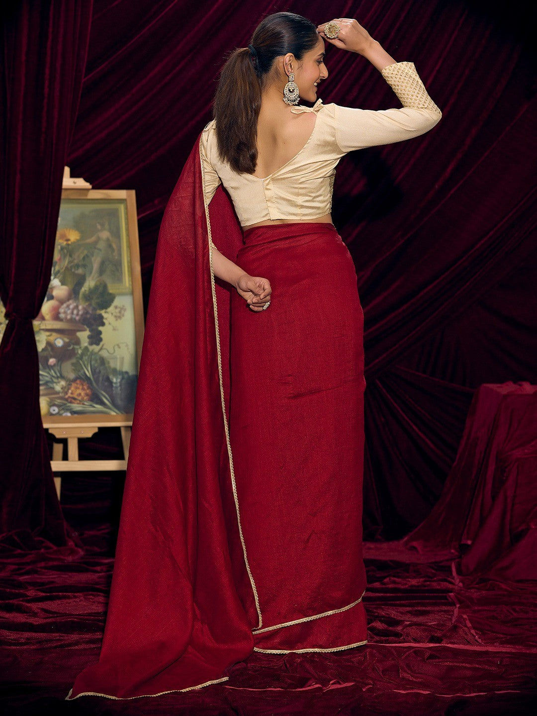 Premium Maroon Solid Art Silk Saree with Designer Cream Embroidered Blouse