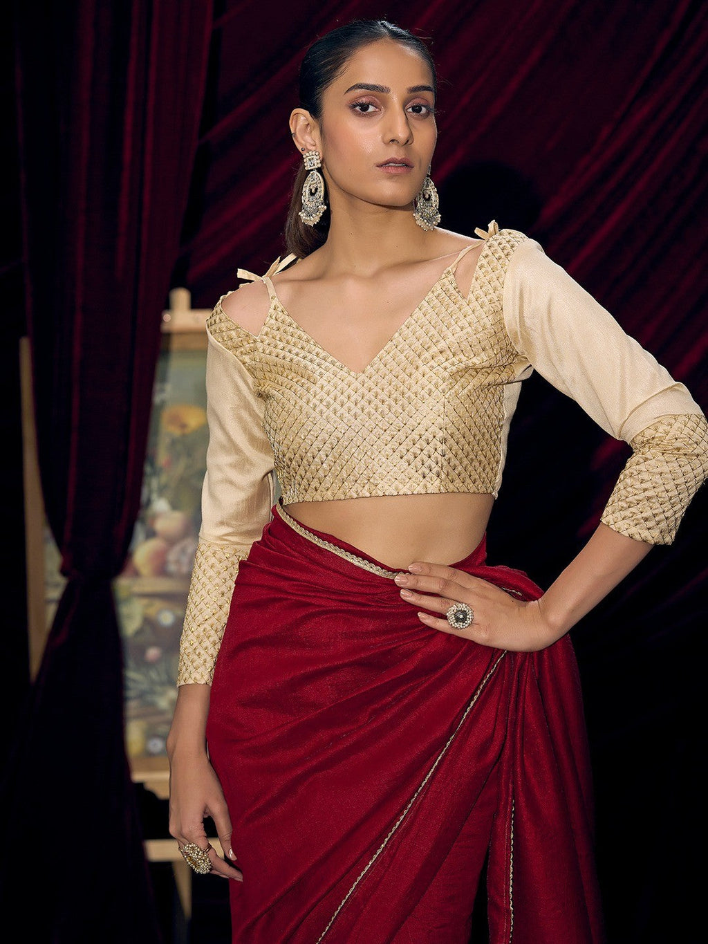Premium Maroon Solid Art Silk Saree with Designer Cream Embroidered Blouse