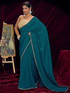 Premium Teal Solid Art Silk Saree with Designer Cream Embroidered Blouse