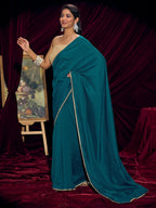 Premium Teal Solid Art Silk Saree with Designer Cream Embroidered Blouse