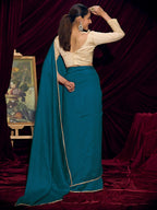 Premium Teal Solid Art Silk Saree with Designer Cream Embroidered Blouse