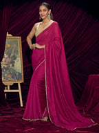 Premium Pink Solid Art Silk Saree with Designer Cream Embroidered Blouse