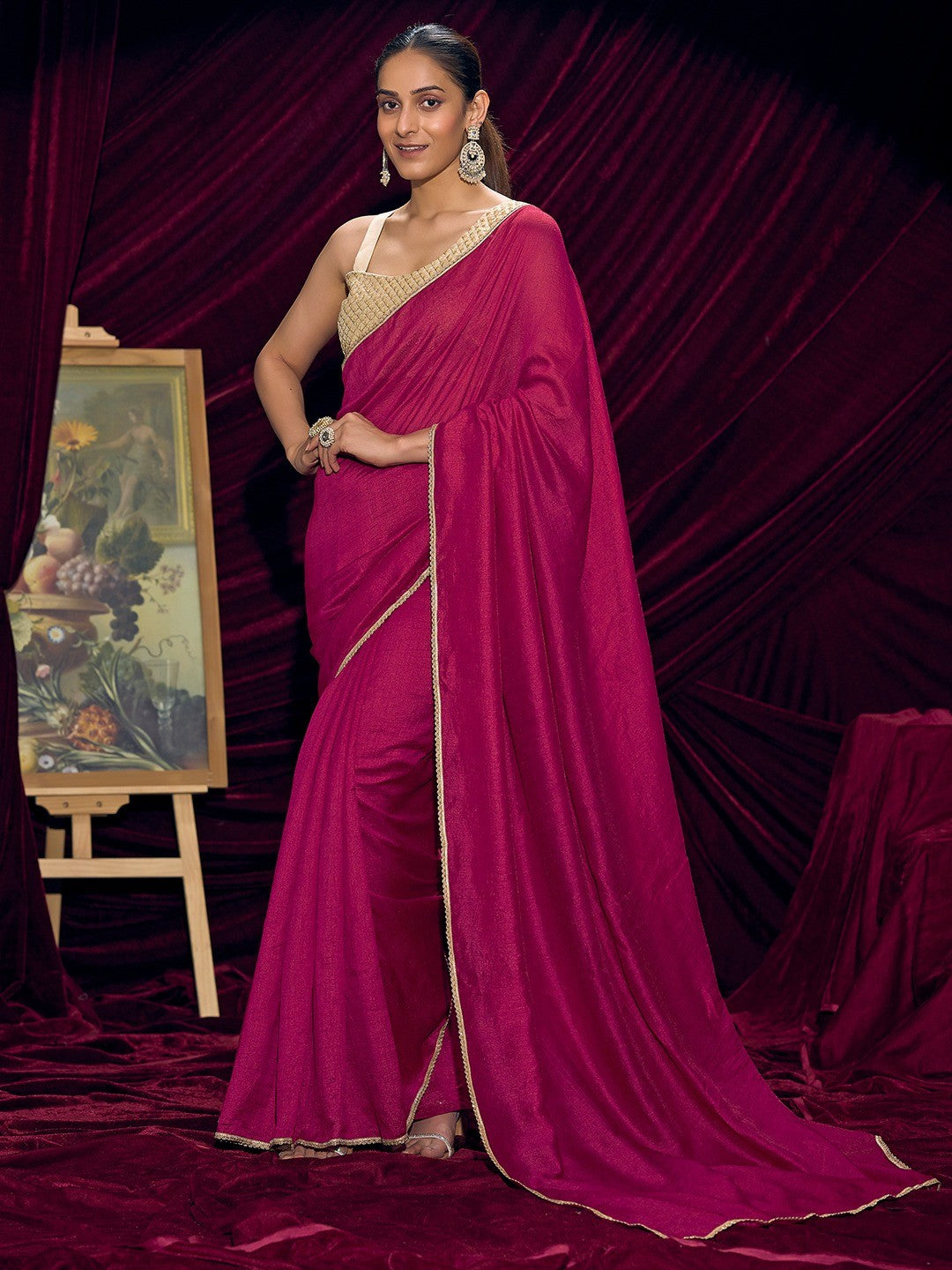 Premium Pink Solid Art Silk Saree with Designer Cream Embroidered Blouse