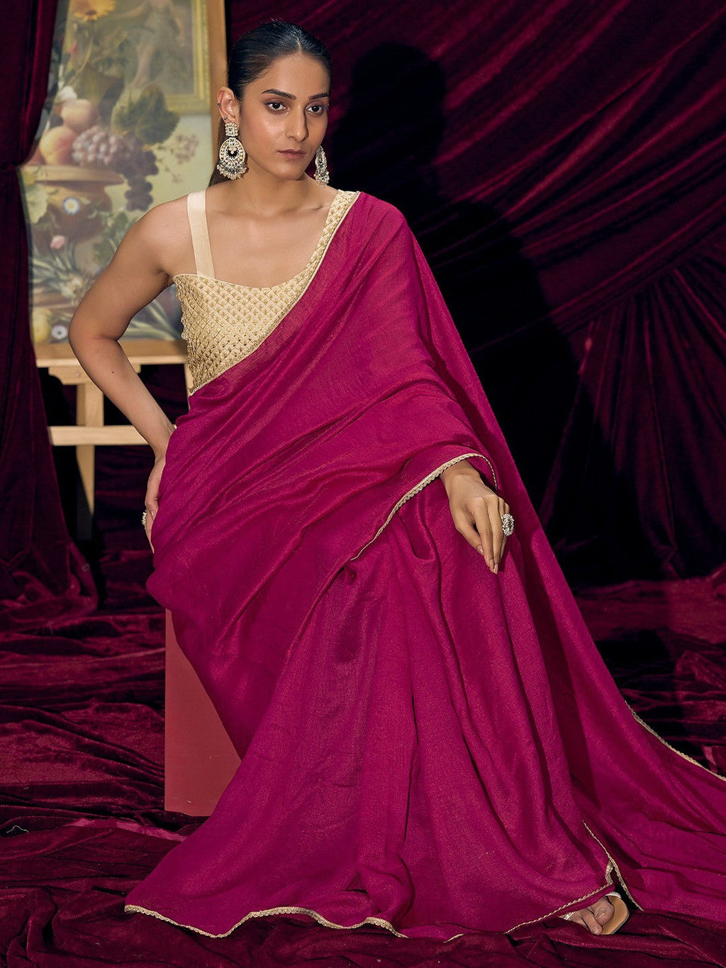 Premium Pink Solid Art Silk Saree with Designer Cream Embroidered Blouse