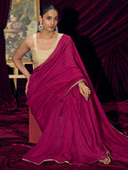 Premium Pink Solid Art Silk Saree with Designer Cream Embroidered Blouse