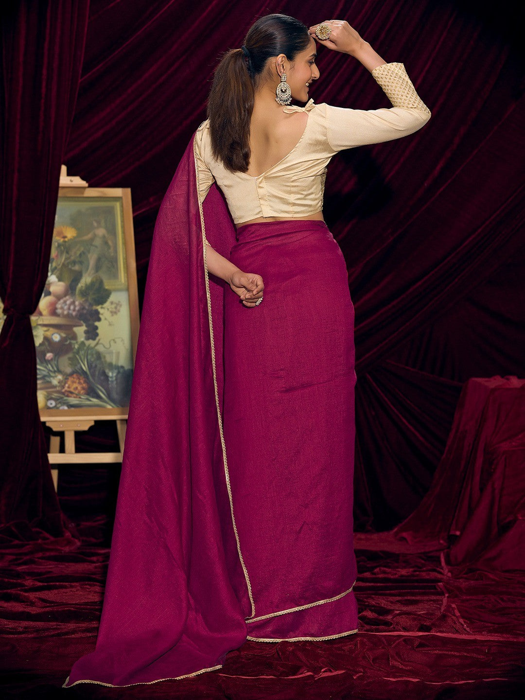 Premium Pink Solid Art Silk Saree with Designer Cream Embroidered Blouse