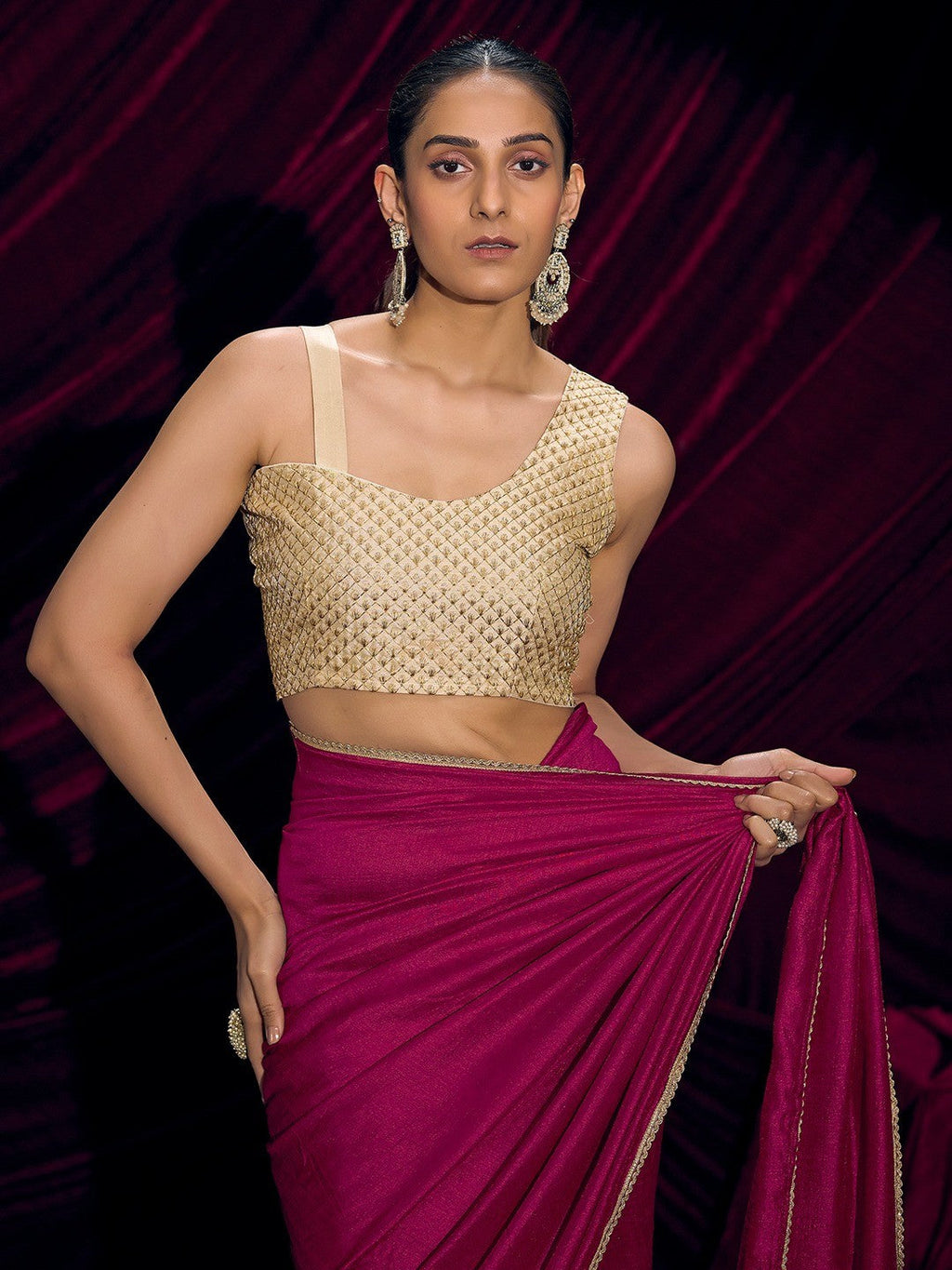 Premium Pink Solid Art Silk Saree with Designer Cream Embroidered Blouse