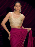 Premium Pink Solid Art Silk Saree with Designer Cream Embroidered Blouse