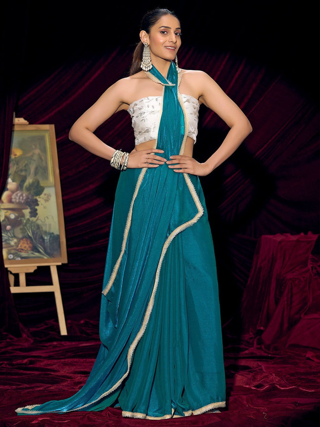 Classic Teal Blue Solid Art Silk Saree With Refined Lace Border Work