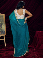 Classic Teal Blue Solid Art Silk Saree With Refined Lace Border Work