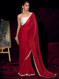 Classic Red Solid Art Silk Saree With Refined Lace Border Work