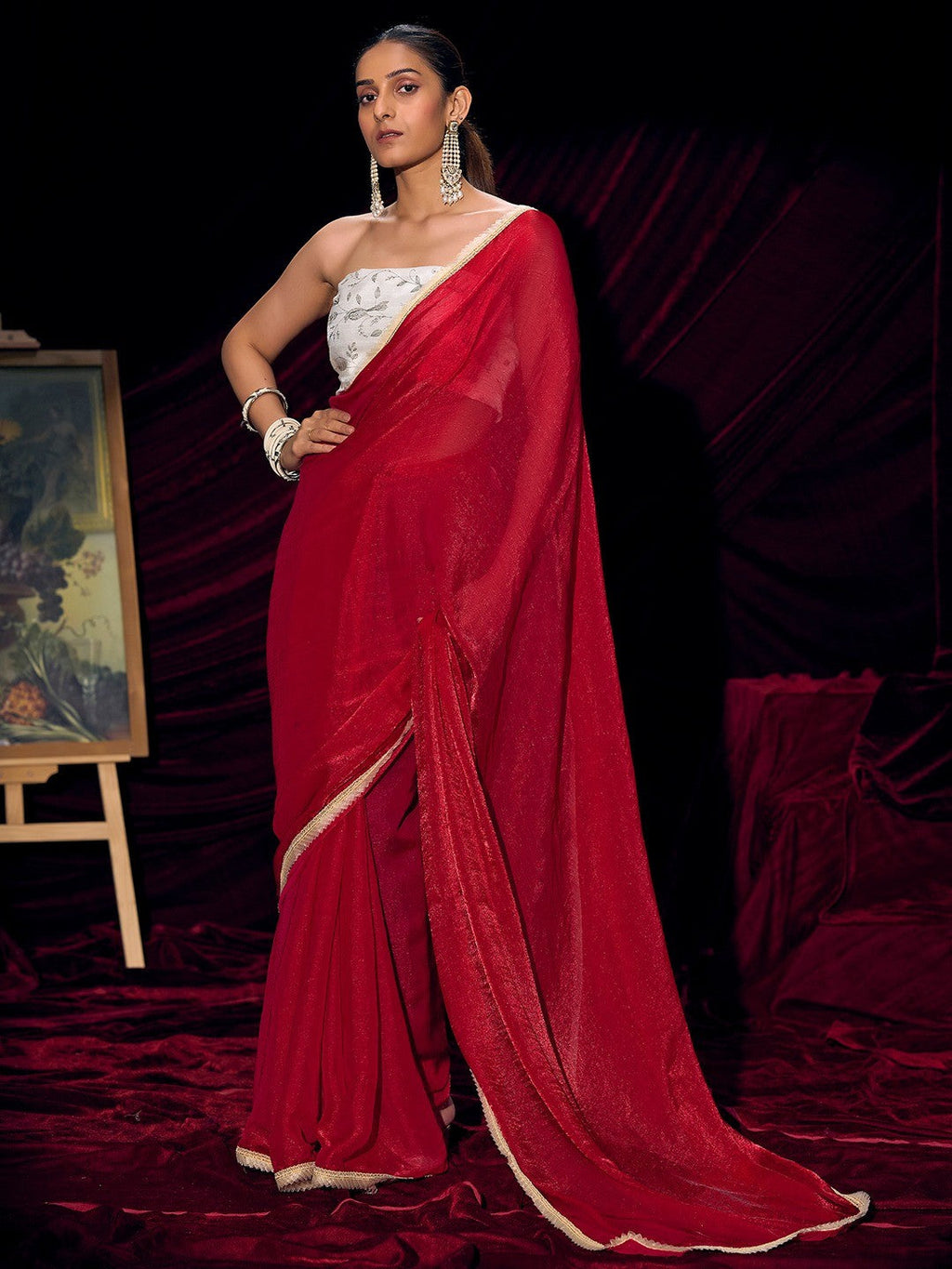 Classic Red Solid Art Silk Saree With Refined Lace Border Work